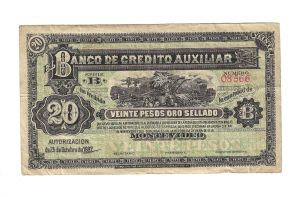 BANCO DE CREDITO AUXILIAR 20 PESOS OURO SELLADO S164